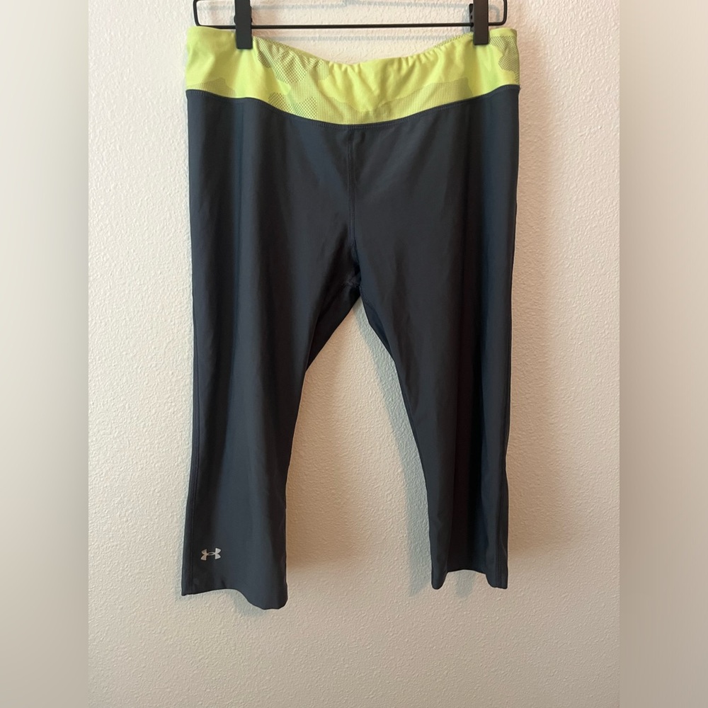 3/4 Length Leggings Under Armour. Grey pants with yellow band.